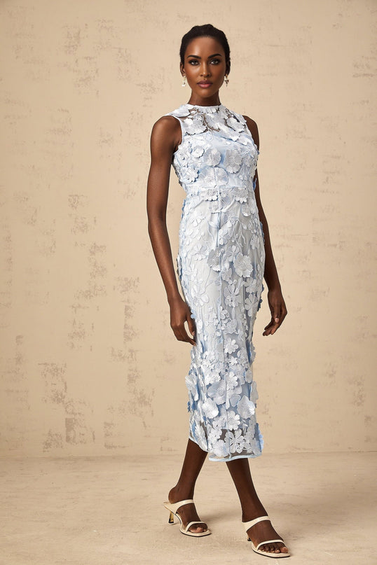 Vincenzina Blue Floral Midi Dress 100% Polyamide Sleeveless Crew Neck Cinched Waist Ankle-Length Rear Zip Fastening