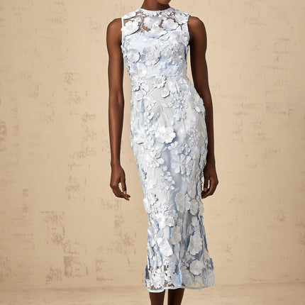 Vincenzina Blue Floral Midi Dress 100% Polyamide Sleeveless Crew Neck Cinched Waist Ankle-Length Rear Zip Fastening
