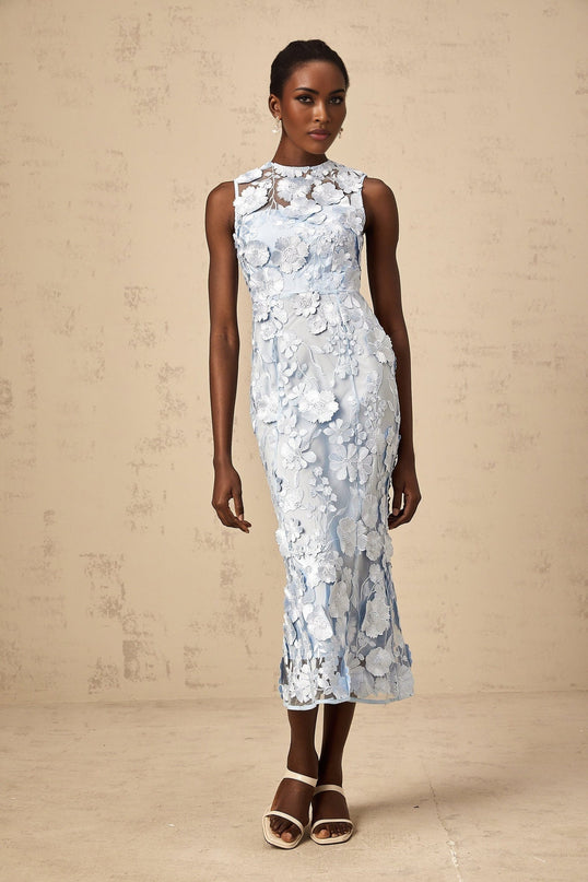 Vincenzina Blue Floral Midi Dress 100% Polyamide Sleeveless Crew Neck Cinched Waist Ankle-Length Rear Zip Fastening