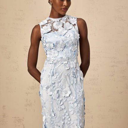 Vincenzina Blue Floral Midi Dress Polyamide Sleeveless Crew Neck Cinched Waist Ankle Length Rear Zip Fastening