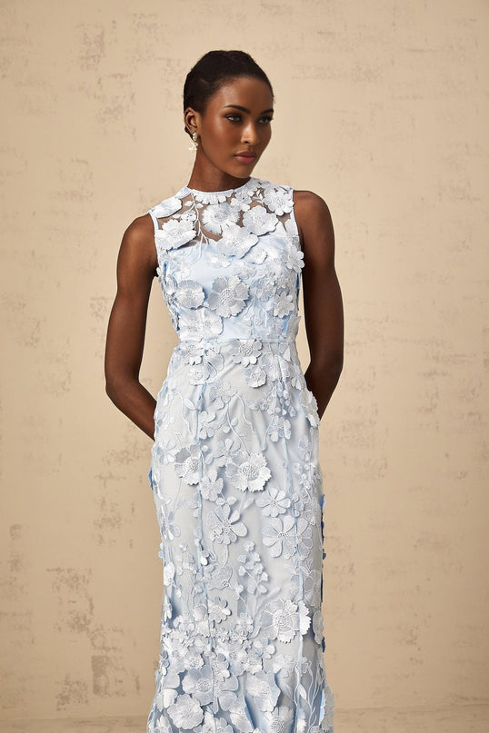 Vincenzina Blue Floral Midi Dress Polyamide Sleeveless Crew Neck Cinched Waist Ankle Length Rear Zip Fastening