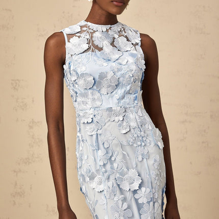 Vincenzina Blue Floral Midi Dress Polyamide Sleeveless Cinched Waist Flared Hem Rear Zip Fastening