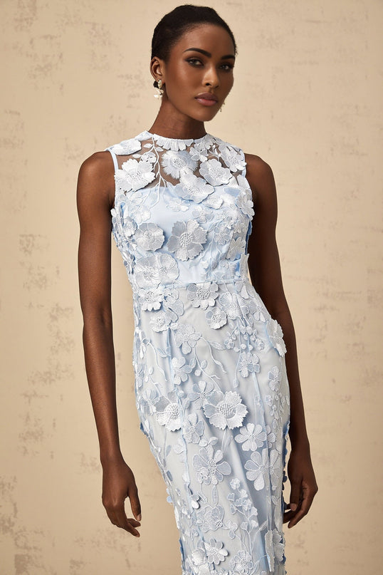 Vincenzina Blue Floral Midi Dress Polyamide Sleeveless Cinched Waist Flared Hem Rear Zip Fastening