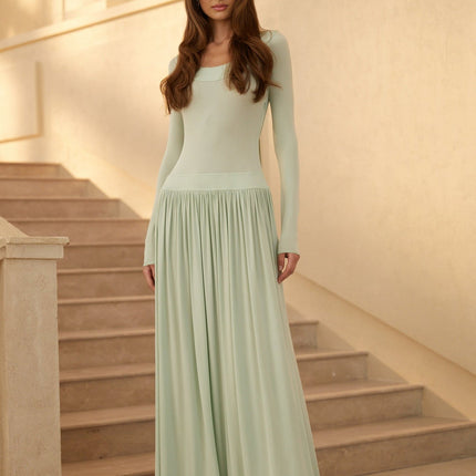 Vincenzina Maxi Dress in Green Mint with Shirred Effect and Open Back