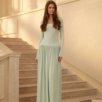 Vincenzina Maxi Dress in Mint Green with Open Back and Self-Tie Design