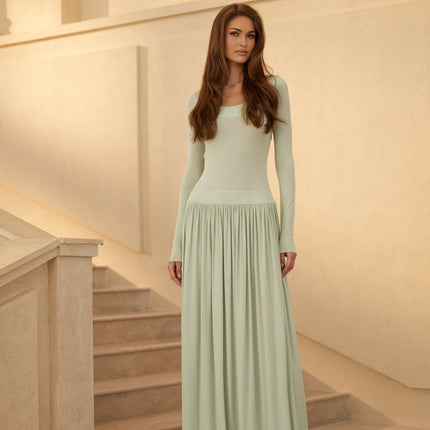 Vincenzina Maxi Dress in Mint Green with Shirred Effect and Open Back