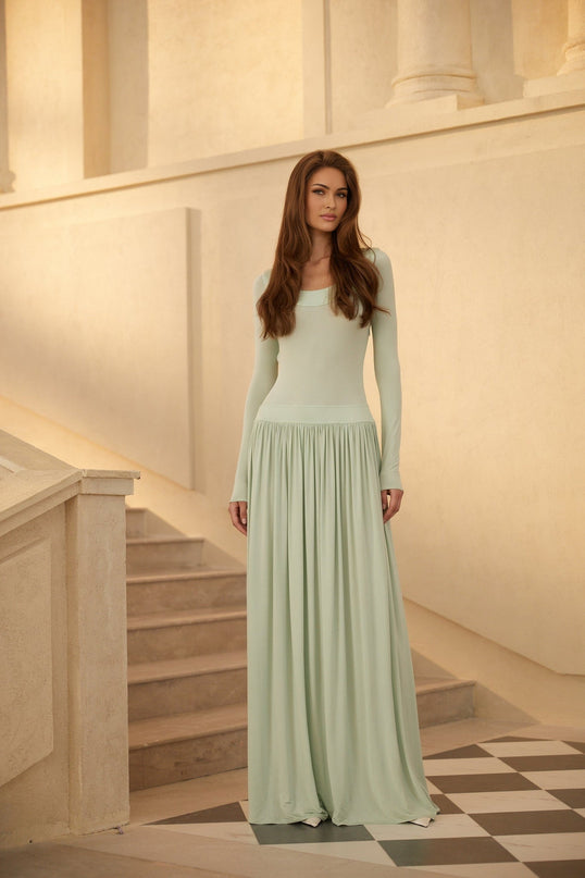 Vincenzina Maxi Dress in Mint Green with Shirred Effect and Open Back