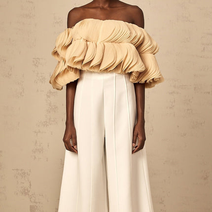 Vincenzina Neutrals Cropped Top Off-shoulder Shirred