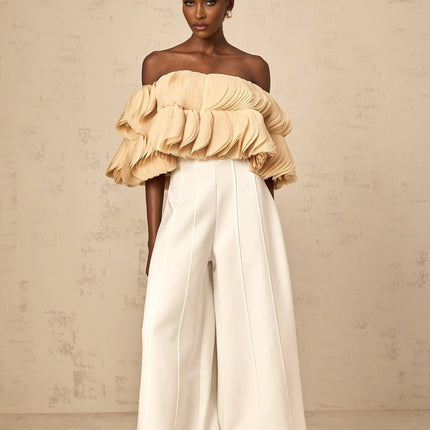 Vincenzina Neutrals Cropped Top Off-shoulder Shirred