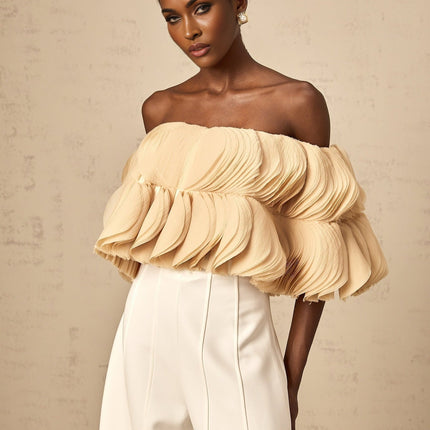 Vincenzina Neutrals Cropped Top Off-shoulder Shirred