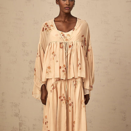 Vincenzina Pink Floral Print Blouse and Dress Set in Luxurious Terylene Fiber