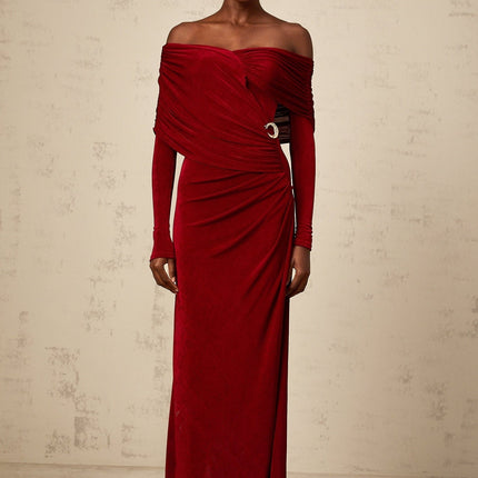 Vincenzina Red Maxi Dress with Ruched Detailing and Buckle Accent