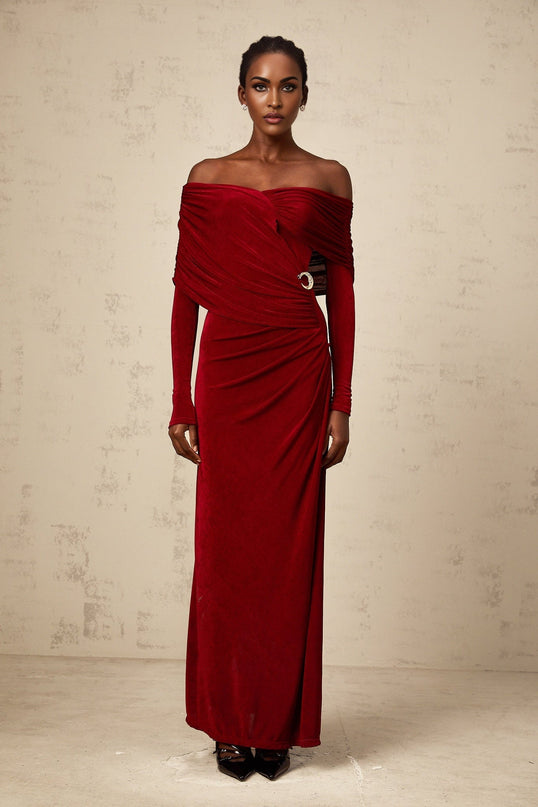 Vincenzina Red Maxi Dress with Ruched Detailing and Buckle Accent