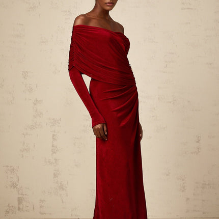 Vincenzina Red Maxi Dress Velvet Ruched Buckle Fitted Elegant Charm