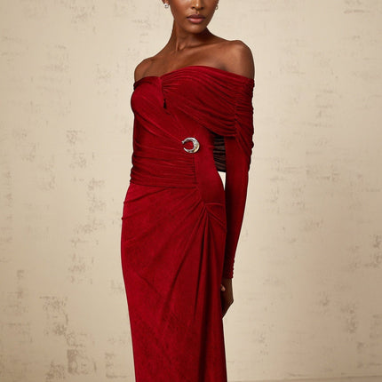 Vincenzina Red Maxi Dress Velvet Ruched Buckle Detail Fitted Elegant Charm