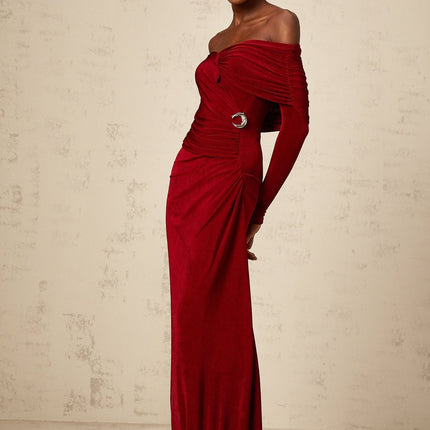 Vincenzina Red Maxi Dress Velvet Ruched Buckle Accent Fitted Elegant Charm