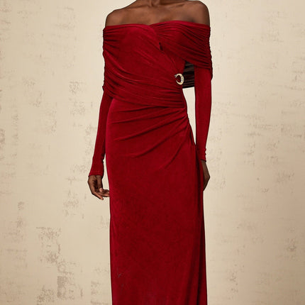 Vincenzina Red Velvet Maxi Dress with Ruched Detailing and Buckle Accent
