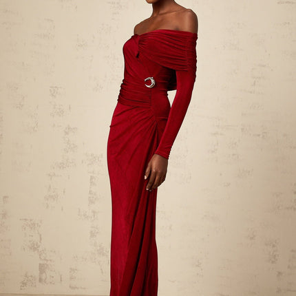 Vincenzina Red Velvet Maxi Dress with Ruched Detailing and Buckle Accent