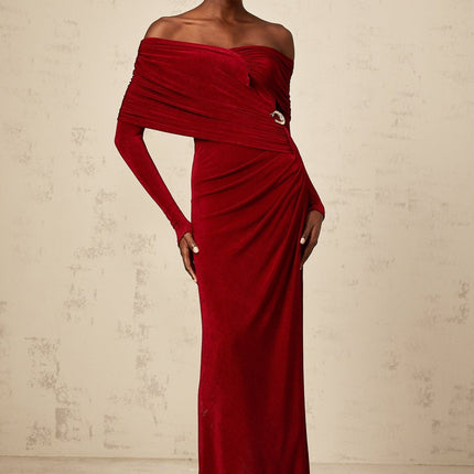Vincenzina Red Velvet Maxi Dress with Ruched Detailing and Buckle Accent