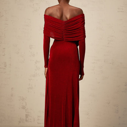 Vincenzina Red Velvet Maxi Dress with Ruched Detailing and Buckle Accent