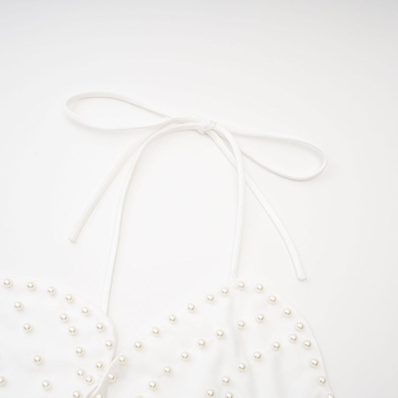 Vincenzina White Floral Halterneck Top with Faux-Pearl Embellishments