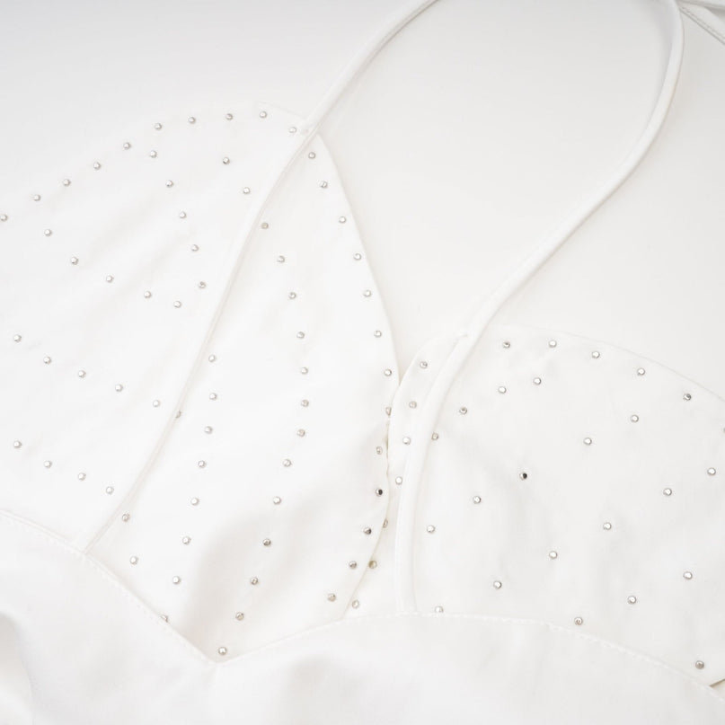 Vincenzina White Floral Halterneck Top with Faux-Pearl Embellishments