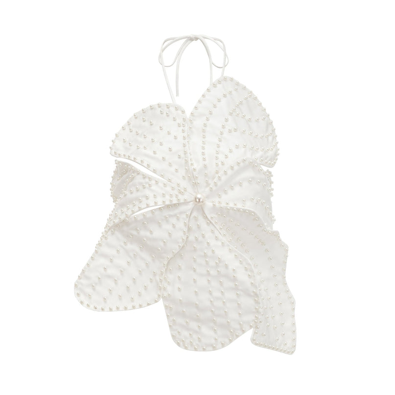 Vincenzina White Floral Top with Faux-Pearl Embellishments Halterneck Scoop Back 100% Polyester
