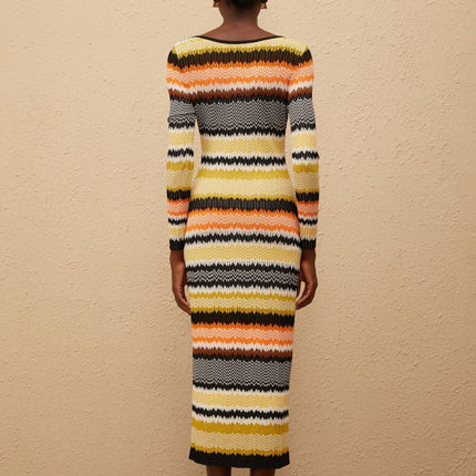 Vincenzina Yellow Zigzag Woven Knit Midi Dress