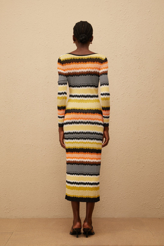 Vincenzina Yellow Zigzag Woven Knit Midi Dress
