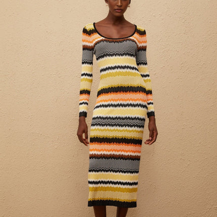 Vincenzina Yellow Zigzag Woven Knit Midi Dress