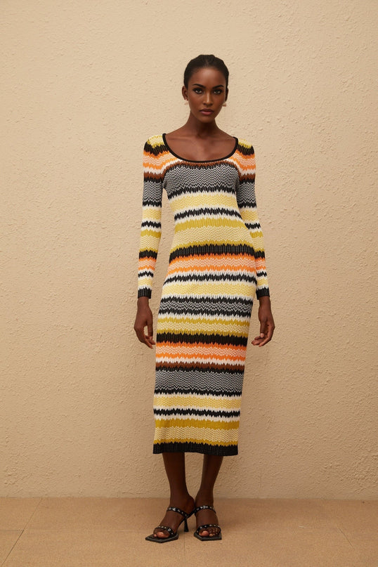 Vincenzina Yellow Zigzag Woven Knit Midi Dress