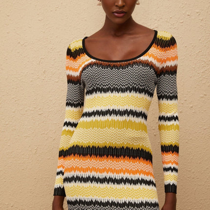 Vincenzina Yellow Zigzag Woven Knit Midi Dress