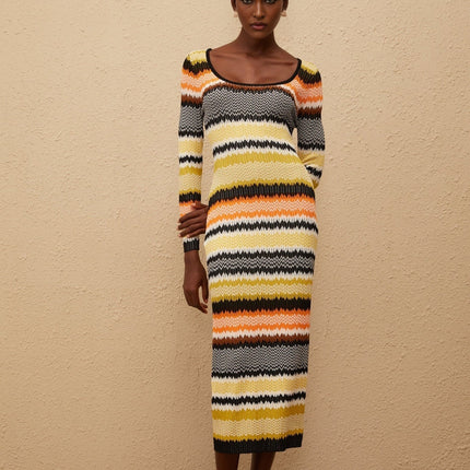 Vincenzina Yellow Zigzag Woven Knit Midi Dress