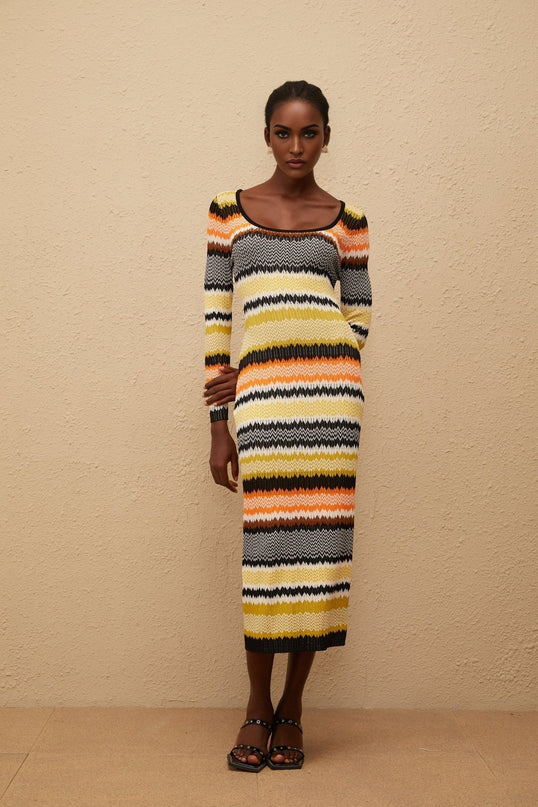 Vincenzina Yellow Zigzag Woven Knit Midi Dress