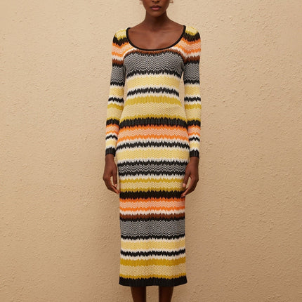 Vincenzina Yellow Zigzag Woven Knit Midi Dress