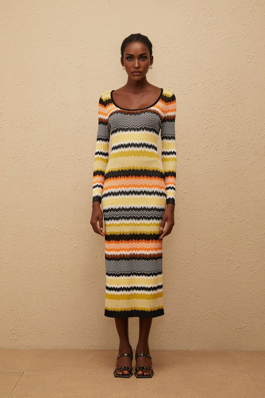 Vincenzina Yellow Zigzag Woven Knit Midi Dress