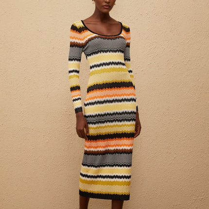 Vincenzina Yellow Zigzag Woven Knit Midi Dress