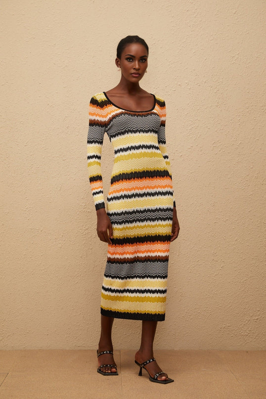 Vincenzina Yellow Zigzag Woven Knit Midi Dress