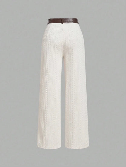 Vintage ApricotColor Jacquard Texture Waistband Straight Leg PantsThermal