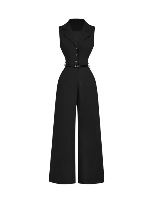 Vintage Black Jumpsuit With Suit Collar And Belt Elegant Jumpsuit Going Out Jumpsuit Western
