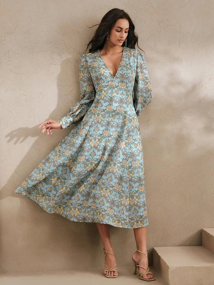 Vintage Elegant Print VNeck Beaded Fitted ALine Dress Slimming Spring Women Dress Outfits