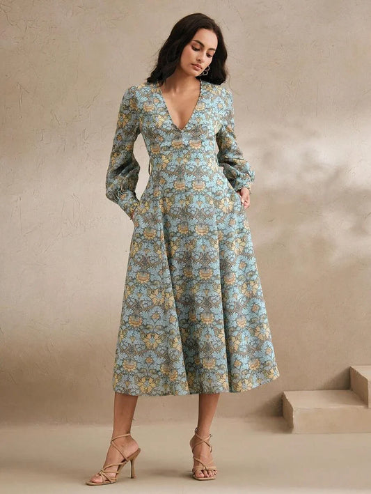 Vintage Elegant Print VNeck Beaded Fitted ALine Dress Slimming Spring Women Dress Outfits