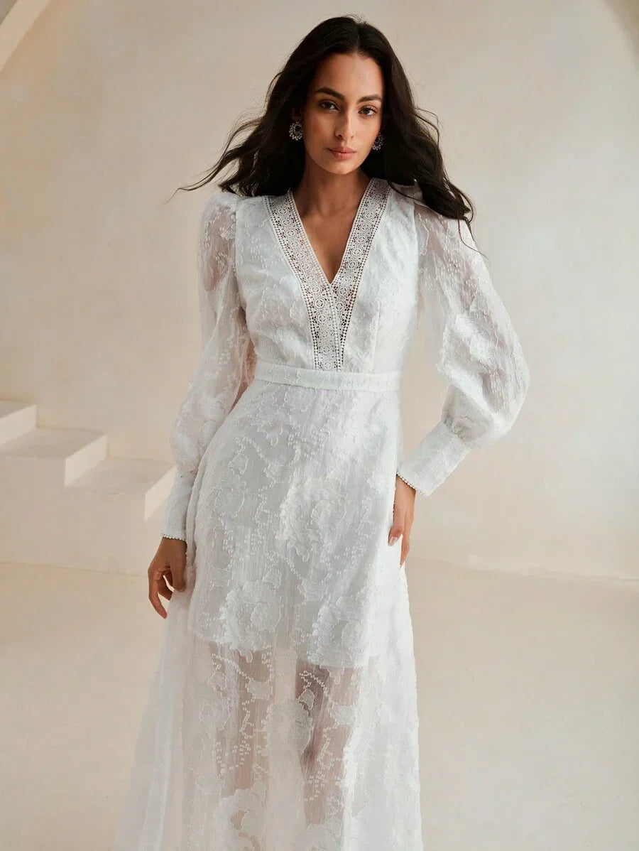 Vintage French VNeck Puff Sleeve Jacquard Hollow SeeThrough Cinched Waist Double Layer Graceful