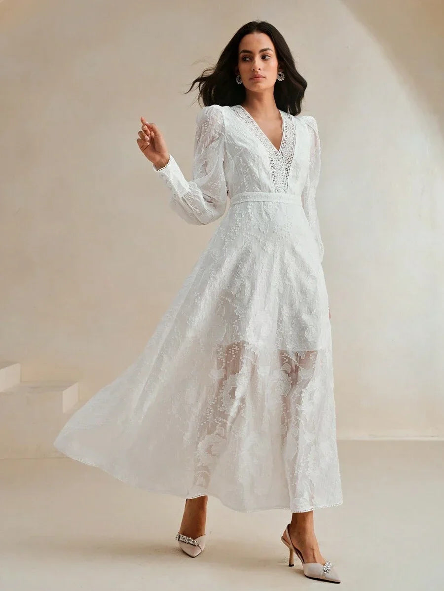 Vintage French VNeck Puff Sleeve Jacquard Hollow SeeThrough Cinched Waist Double Layer Graceful