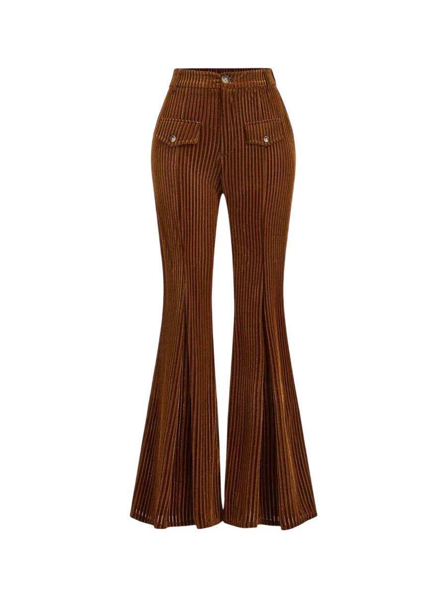 Vintage Front Pocket Casual Brown Flared Pants Winter Trousers Retro TrousersHolidayVelvet Pants
