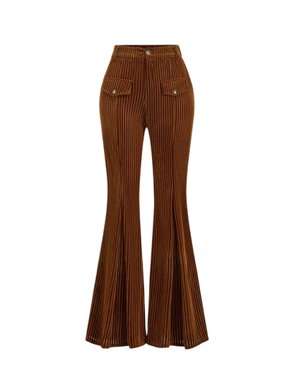 Vintage Front Pocket Casual Brown Flared Pants Winter Trousers Retro TrousersHolidayVelvet Pants