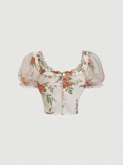 Vintage Palace Oil Painting Floral Bubble Sleeve Organza Blouse
