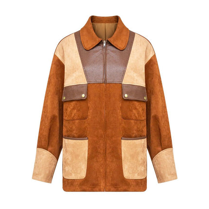 Women's Vintage Western Patchwork Suede Bomber Jacket in Brown