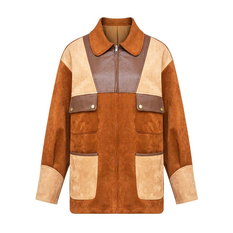 Women's Vintage Western Patchwork Suede Bomber Jacket in Brown