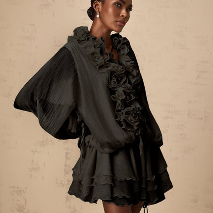 Viola Black Floral Applique Mini Dress with Ruffled Detailing V-neck Long Puff Sleeves Flared Cuffs Semi-Sheer Tiered Skirt Self-Tie Design Half Lining Thigh-Length 100% Terylene Fiber Luxury Fashion